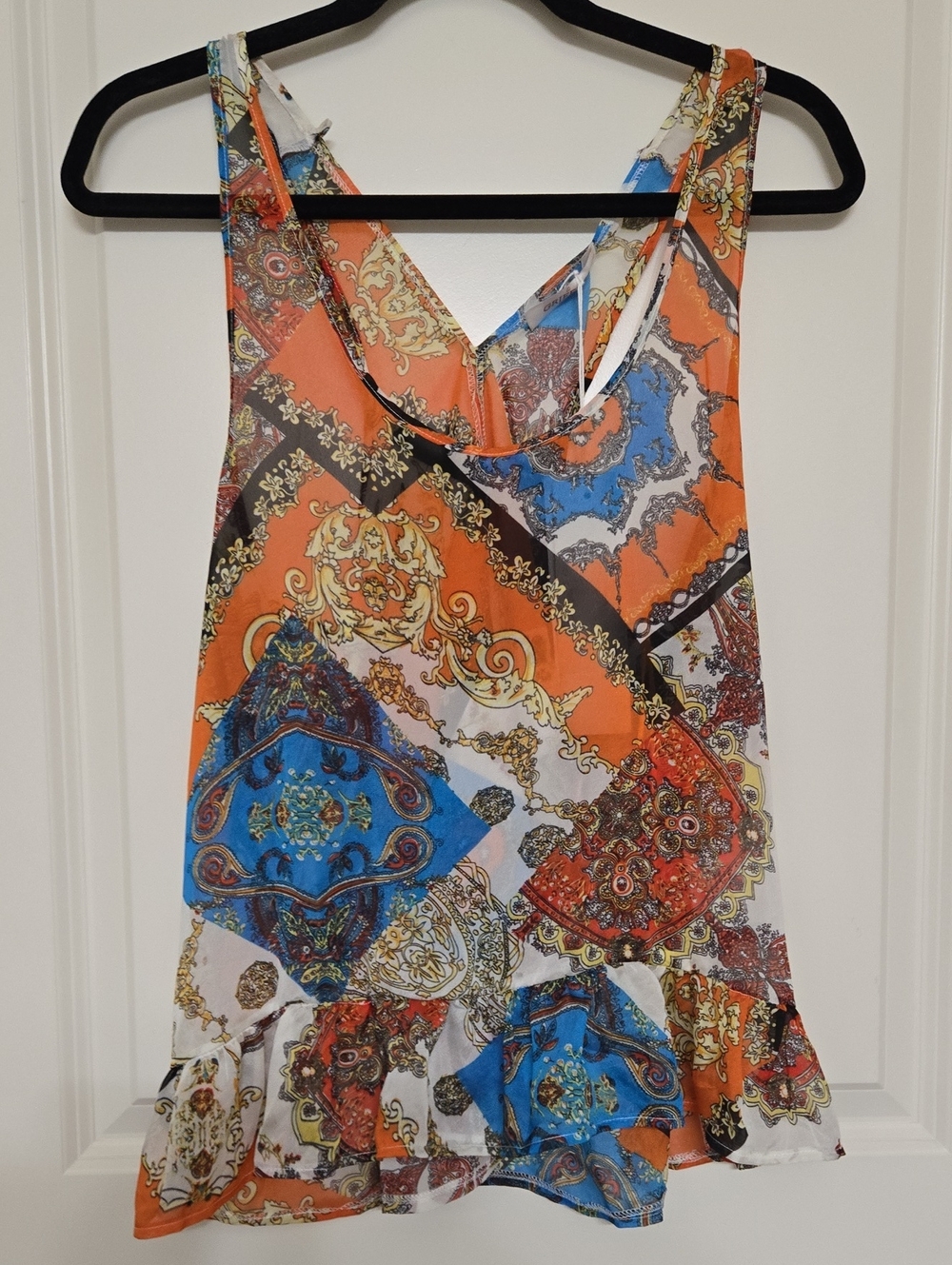 Paisley-Print Ruffle-Hem Camisole in Orange & Blue